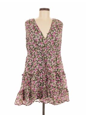 Banjanan Pink Floral Cotton Tiered Mini Dress V-Neck Size M Anthropologie